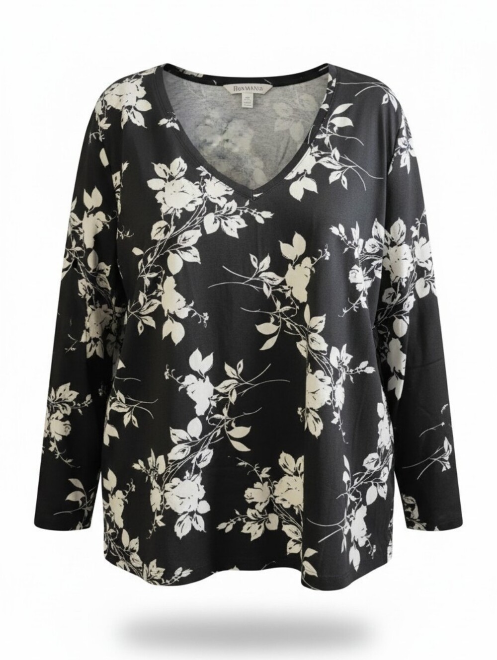 Roaman's Black & White Floral V-Neck Long Sleeve Top